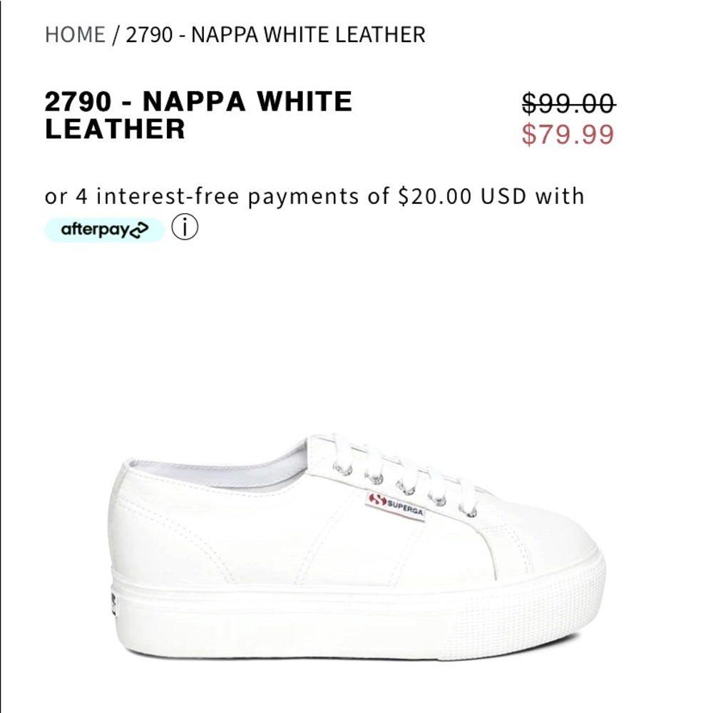 Superga 2790 Nappa White Leather Platform Sneakers. US 7.5, EU 38. 1.5inch heel.